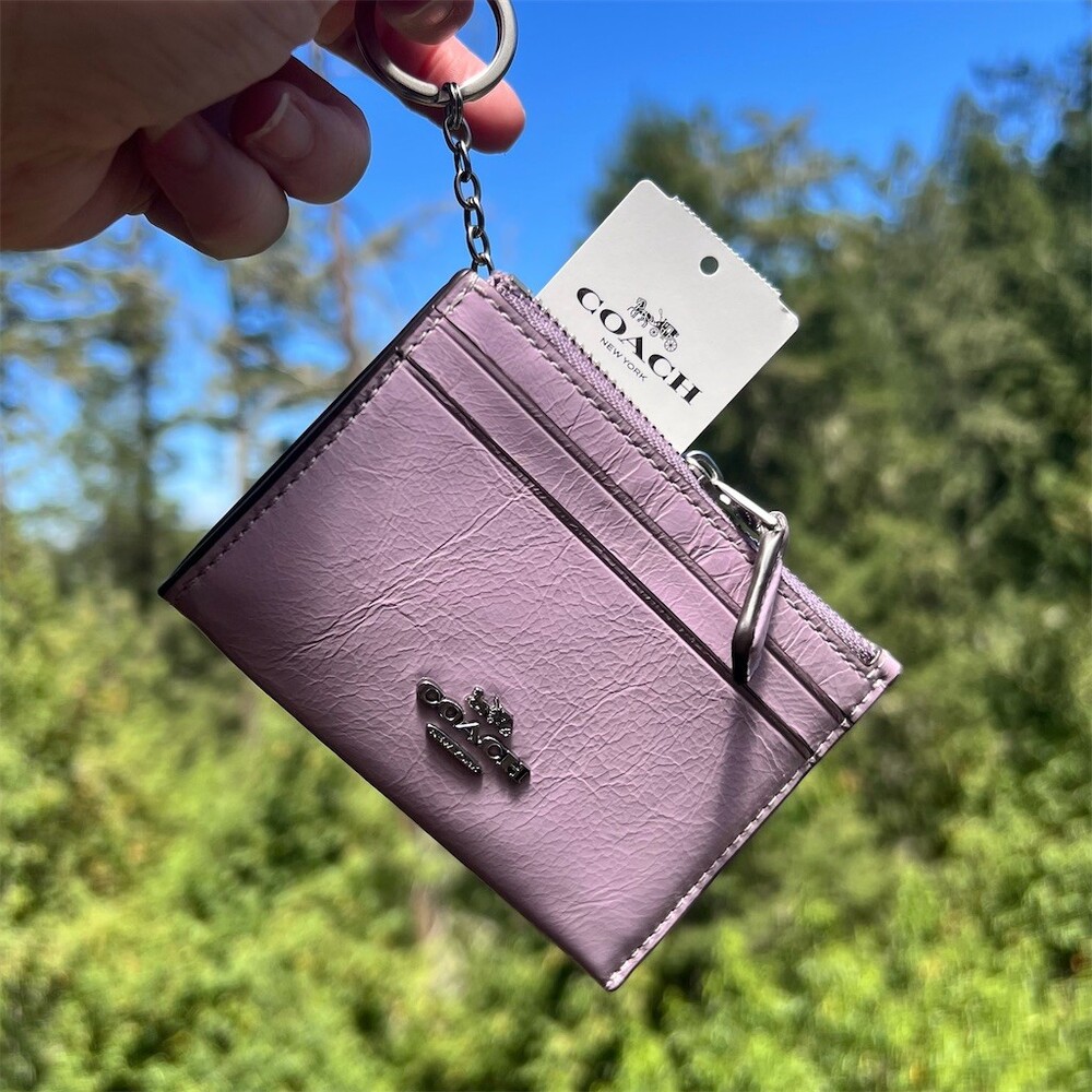 COACH Mini Skinny ID Case Cardholder Keychain Wallet Purple with Silver NWT